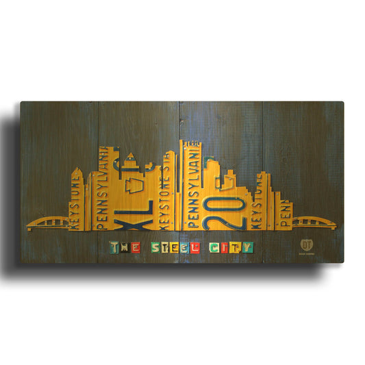 'Pittsburgh Skyline License Plate Art' By Design Turnpike Gold Metal Wall Art