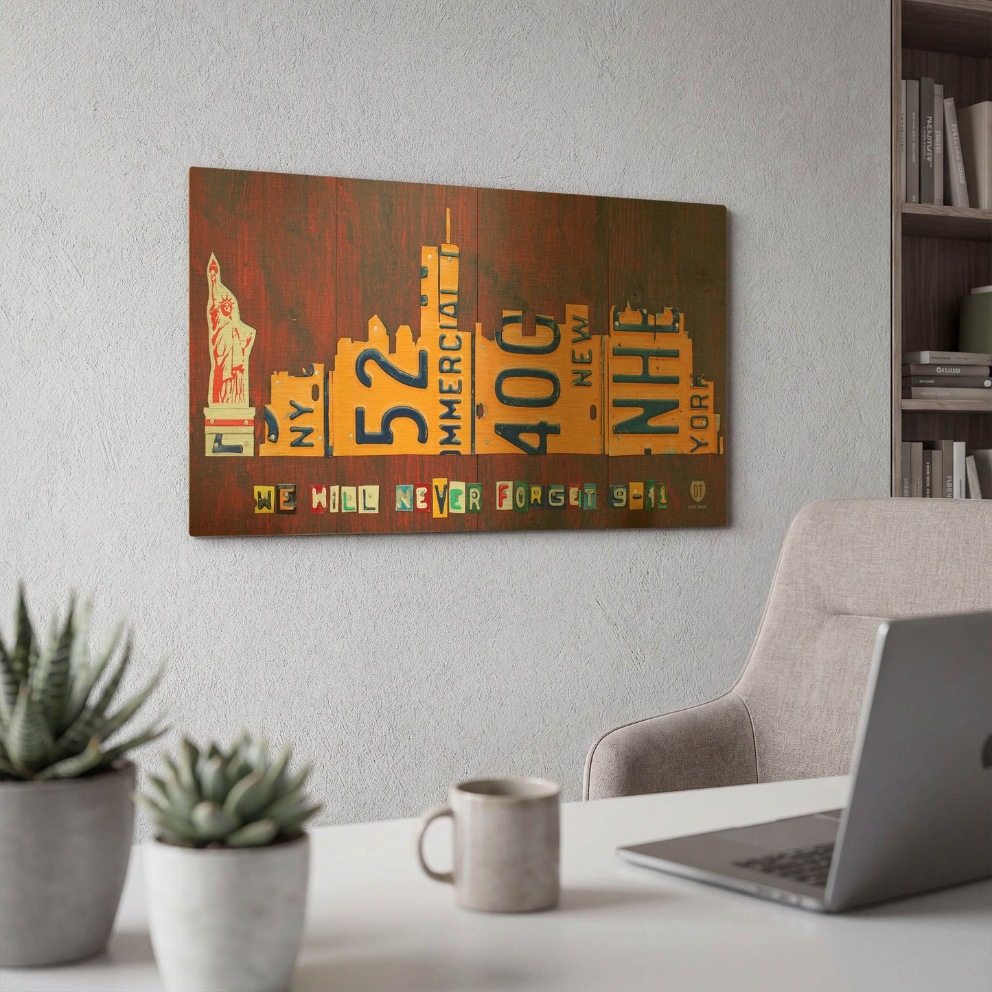 'NYC License Plate Art Skyline 911 Version' By Design Turnpike Gold Metal Wall Art
