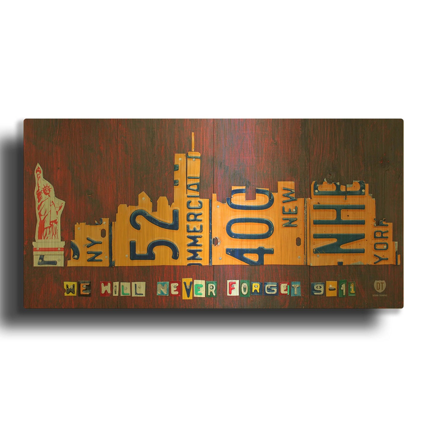 'NYC License Plate Art Skyline 911 Version' By Design Turnpike Gold Metal Wall Art