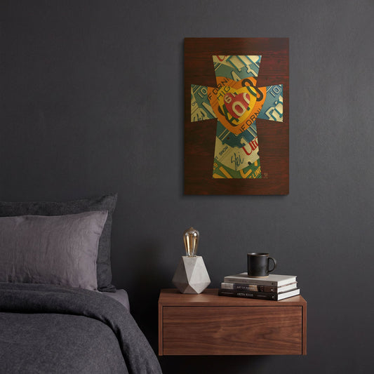 'License Plate Art Heart Cross' By Design Turnpike Gold Metal Wall Art