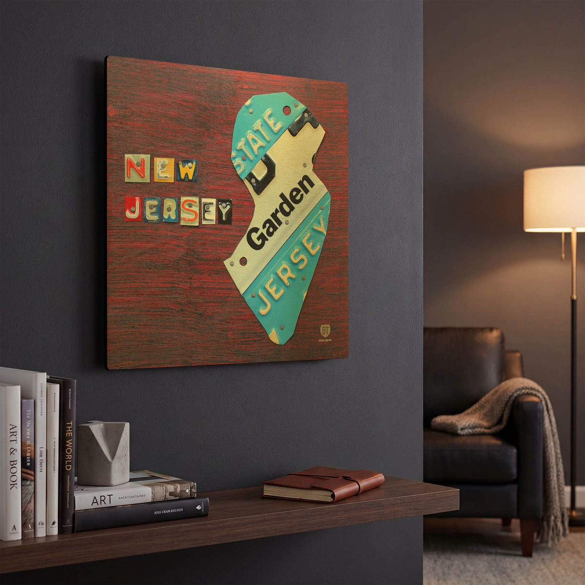 'New Jersey License Plate Map' By Design Turnpike Gold Metal Wall Art