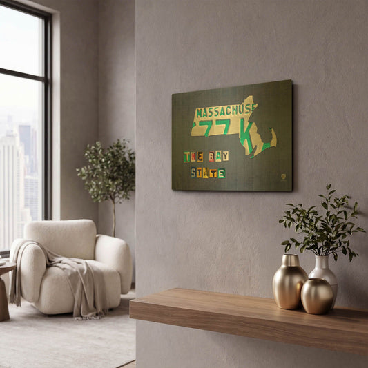 'Massachusetts License Plate Map' By Design Turnpike Gold Metal Wall Art