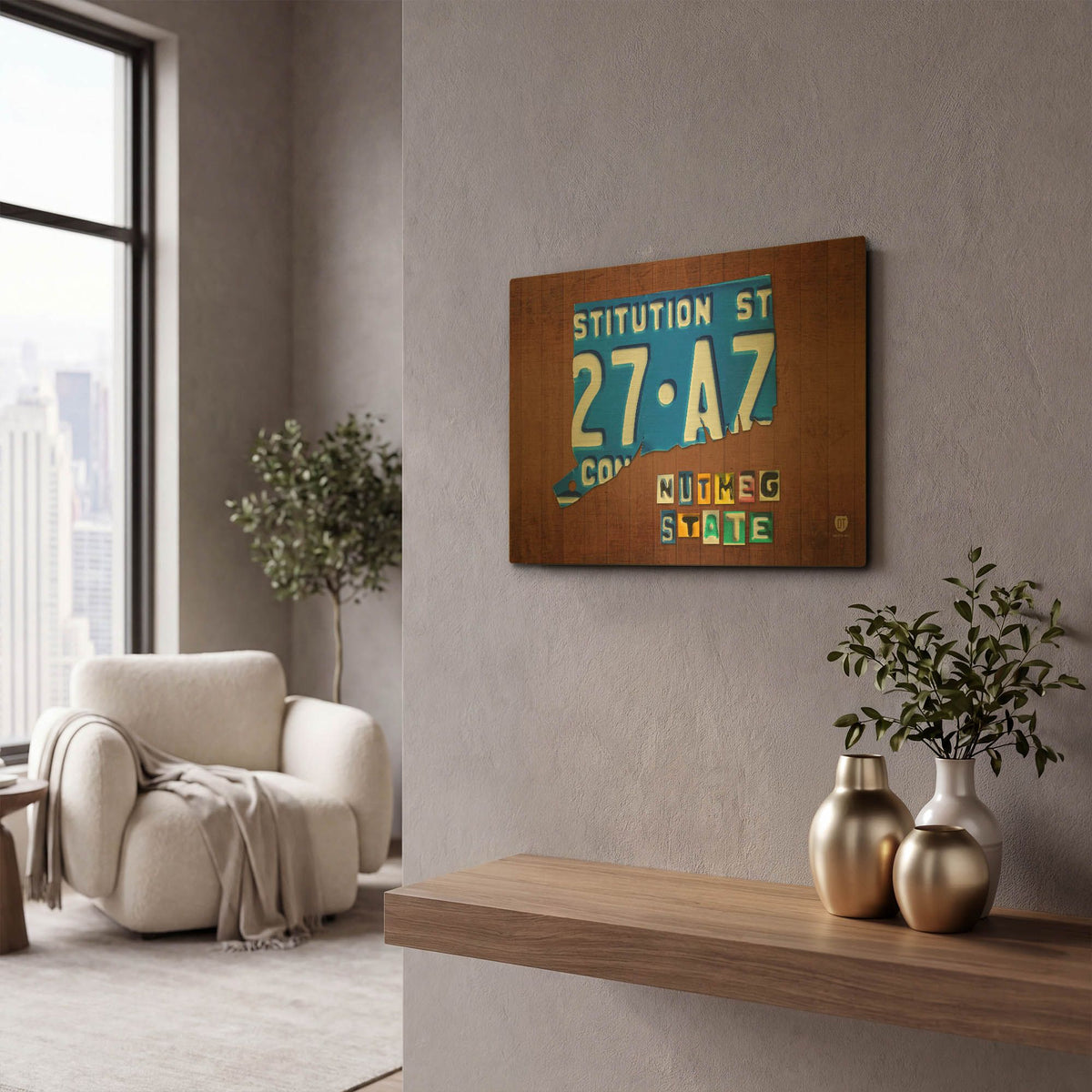 'Connecticut License Plate Map' By Design Turnpike Gold Metal Wall Art