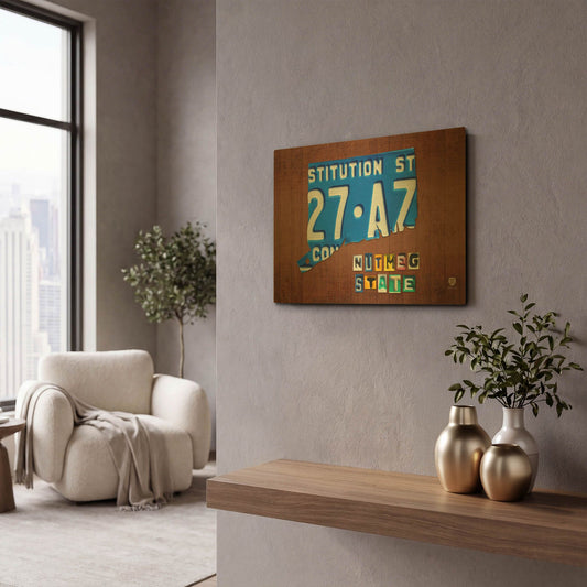 'Connecticut License Plate Map' By Design Turnpike Gold Metal Wall Art