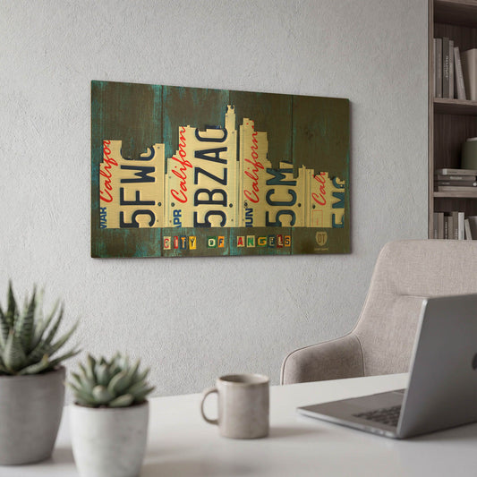 'Los Angeles Skyline License Plate Art' By Design Turnpike Gold Metal Wall Art