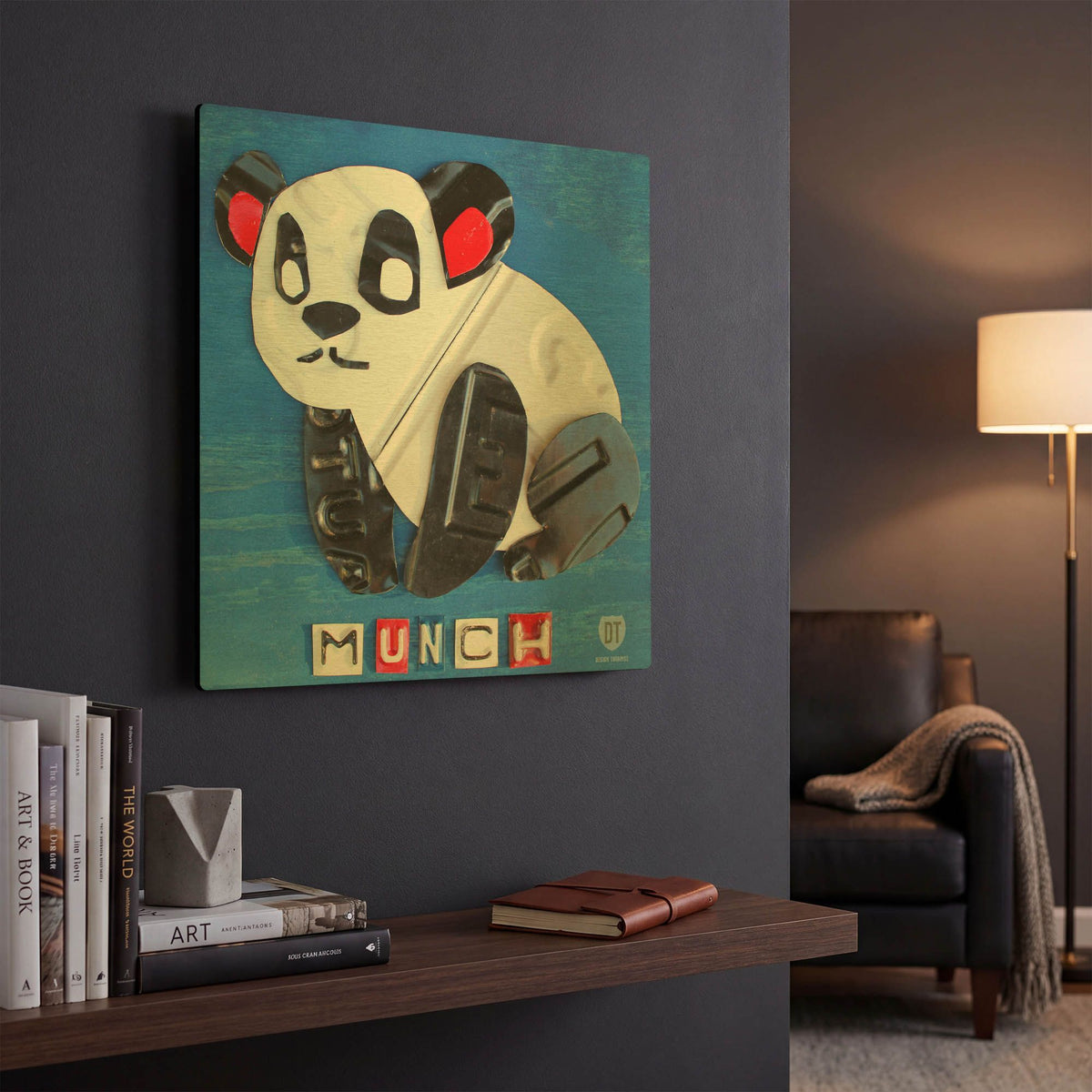 'Munch The Panda License Plate Art' By Design Turnpike Gold Metal Wall Art
