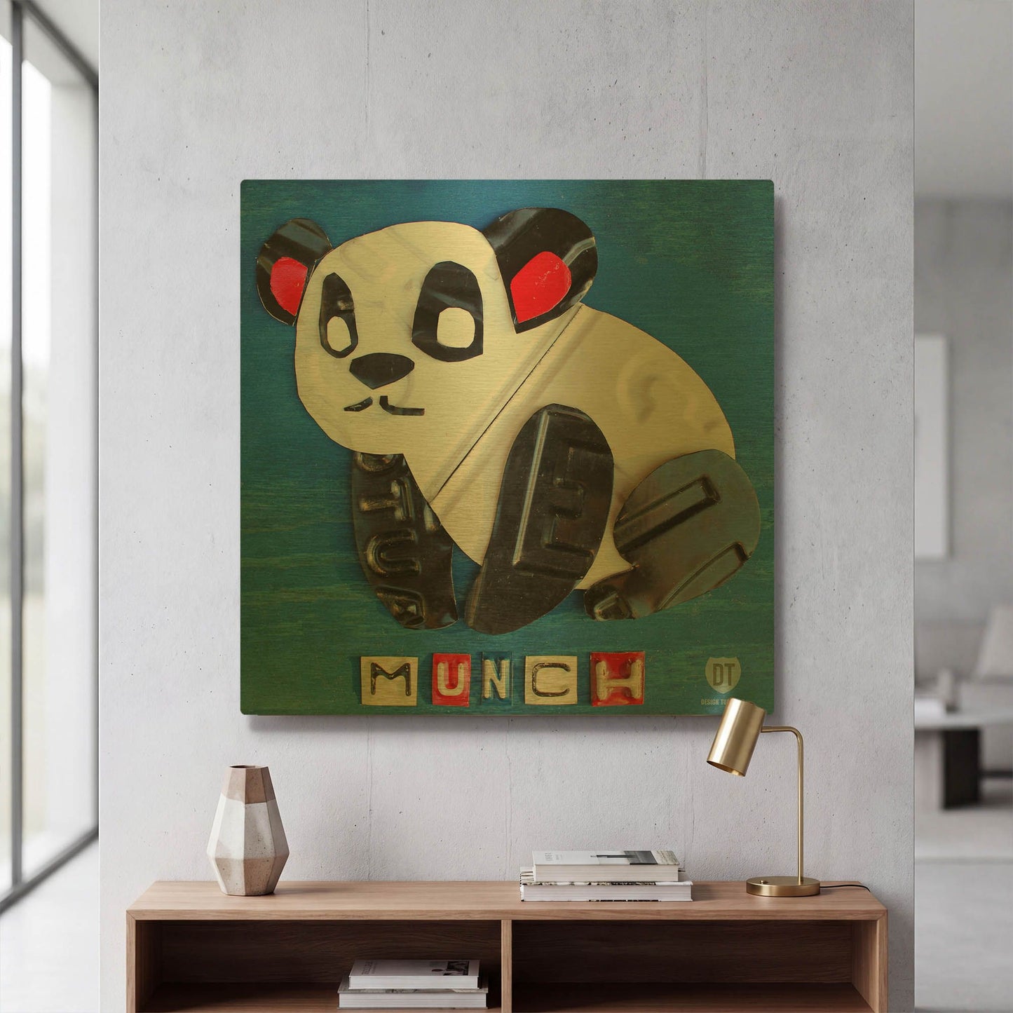 'Munch The Panda License Plate Art' By Design Turnpike Gold Metal Wall Art