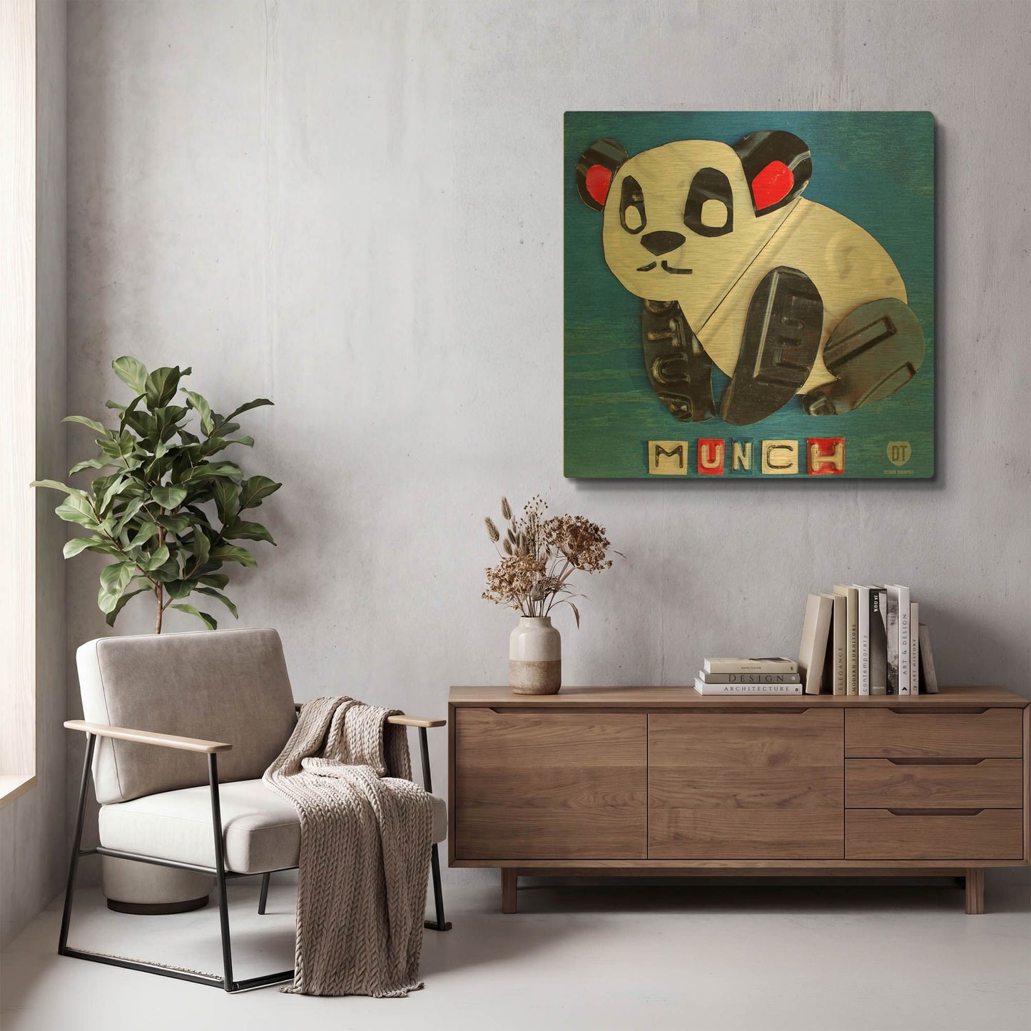 'Munch The Panda License Plate Art' By Design Turnpike Gold Metal Wall Art