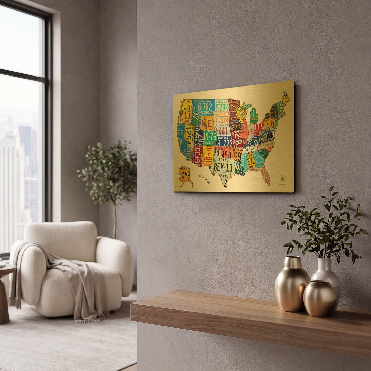 'License Plate Map USA on Wood' By Design Turnpike Gold Metal Wall Art