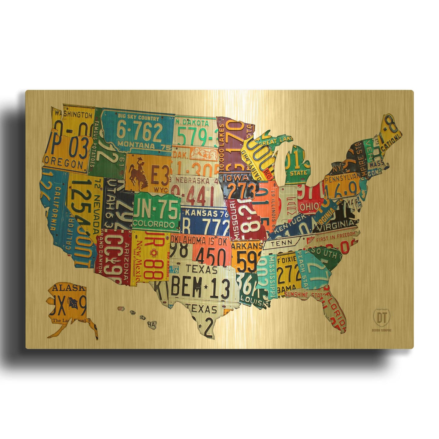 'License Plate Map USA on Wood' By Design Turnpike Gold Metal Wall Art