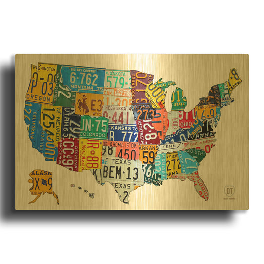 'License Plate Map USA on Wood' By Design Turnpike Gold Metal Wall Art