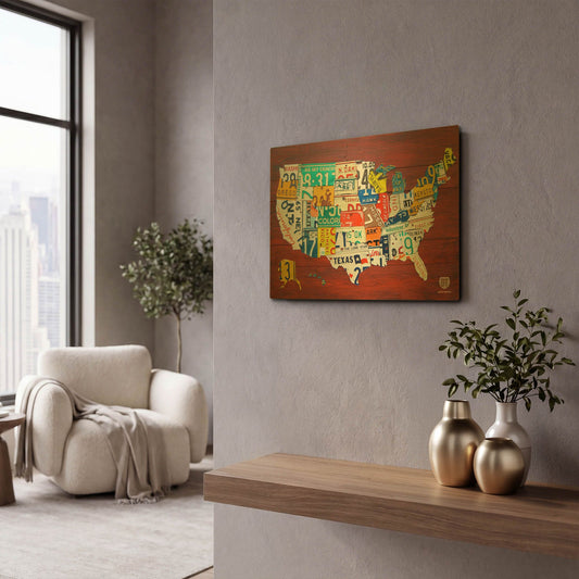 'License Plate Map USA' By Design Turnpike Gold Metal Wall Art