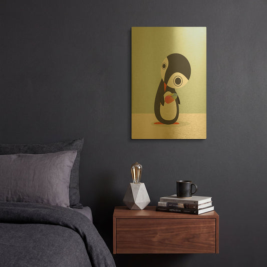 'Pingu Loves Ice Cream' By Volkan Dalyan Gold Metal Wall Art