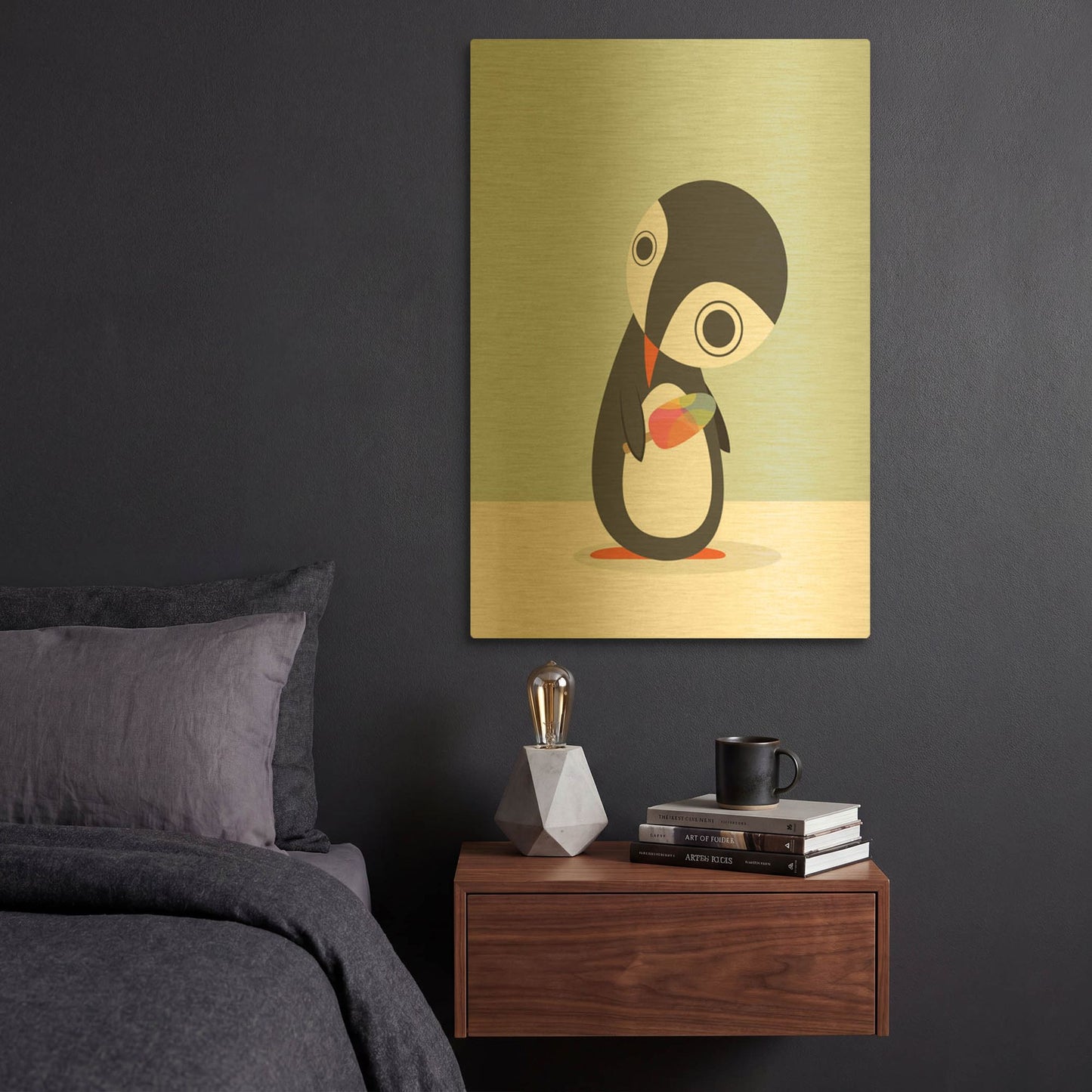 'Pingu Loves Ice Cream' By Volkan Dalyan Gold Metal Wall Art