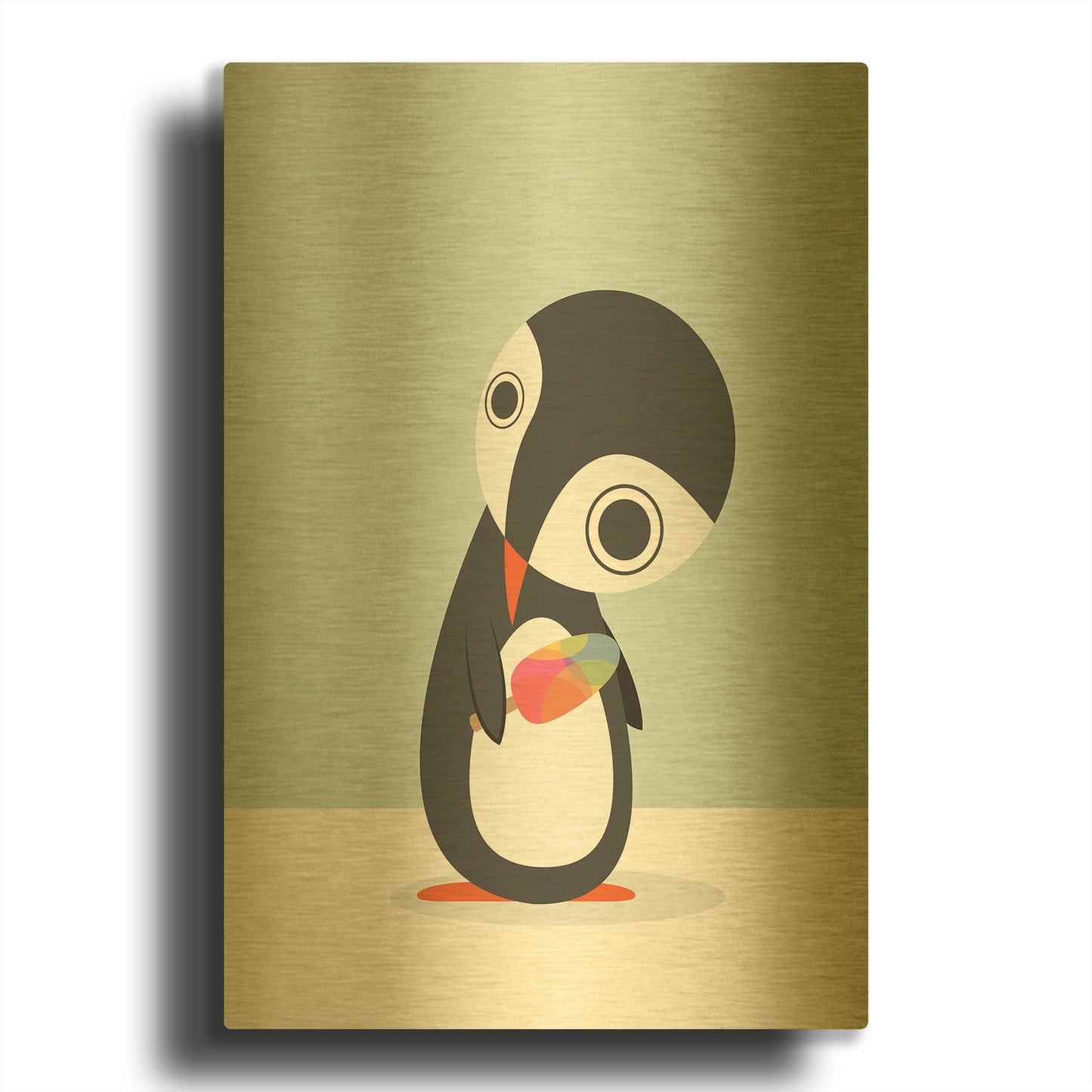 'Pingu Loves Ice Cream' By Volkan Dalyan Gold Metal Wall Art