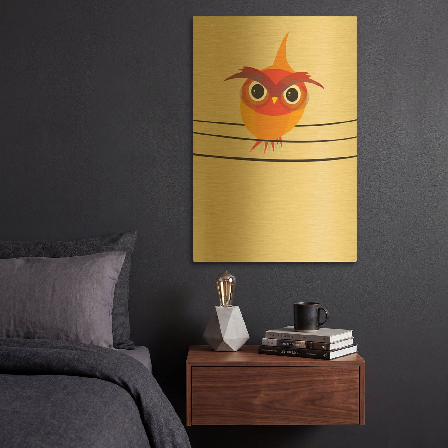 'Owl on a Wire' By Volkan Dalyan Gold Metal Wall Art