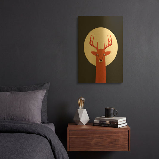 'Deer & Moon' By Volkan Dalyan Gold Metal Wall Art