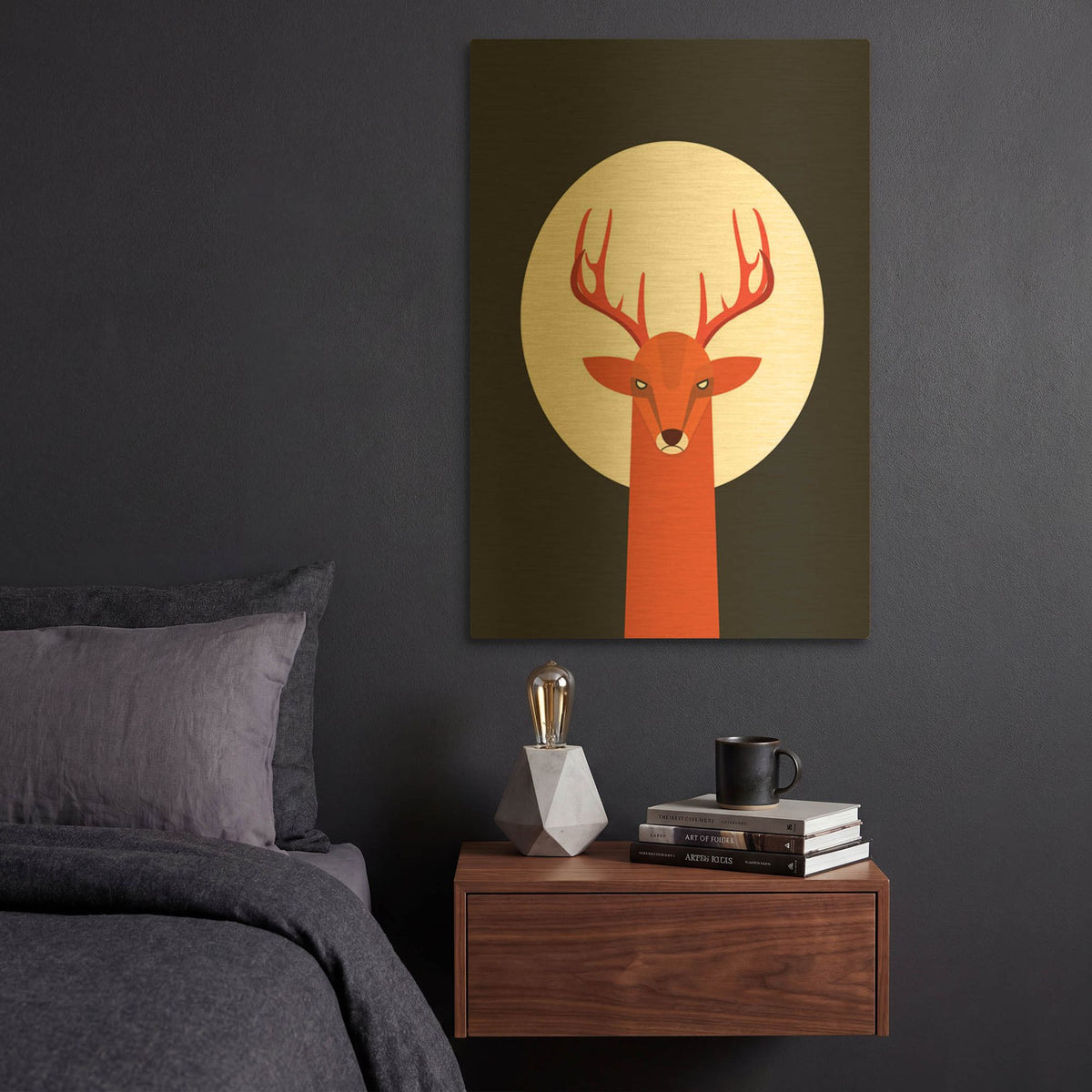 'Deer & Moon' By Volkan Dalyan Gold Metal Wall Art