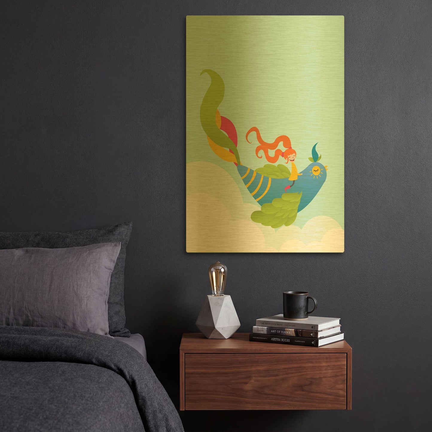 'Bird and Girl' By Volkan Dalyan Gold Metal Wall Art