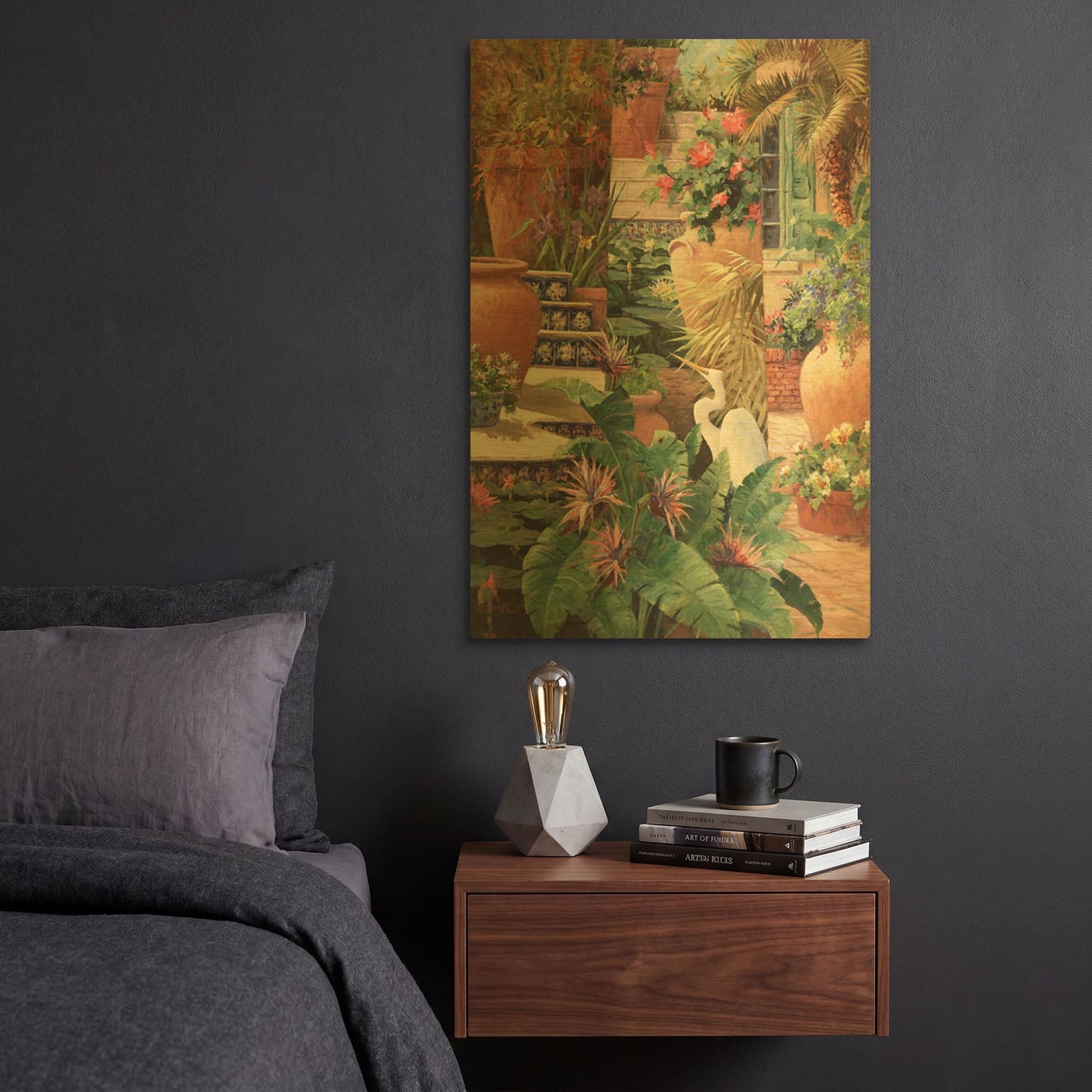 'Floral Fractal with Egret' By Art Fronckowiak Gold Metal Wall Art