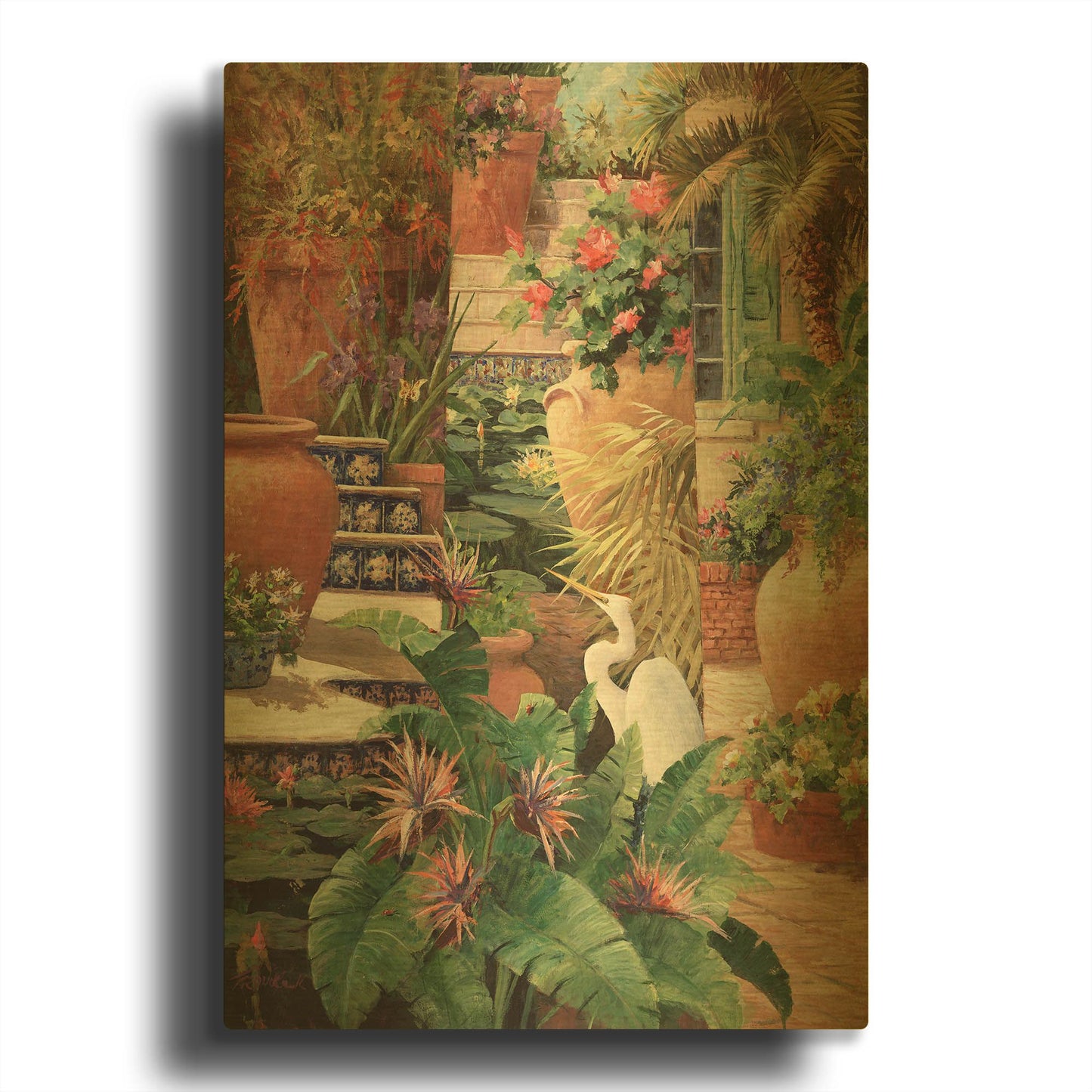 'Floral Fractal with Egret' By Art Fronckowiak Gold Metal Wall Art
