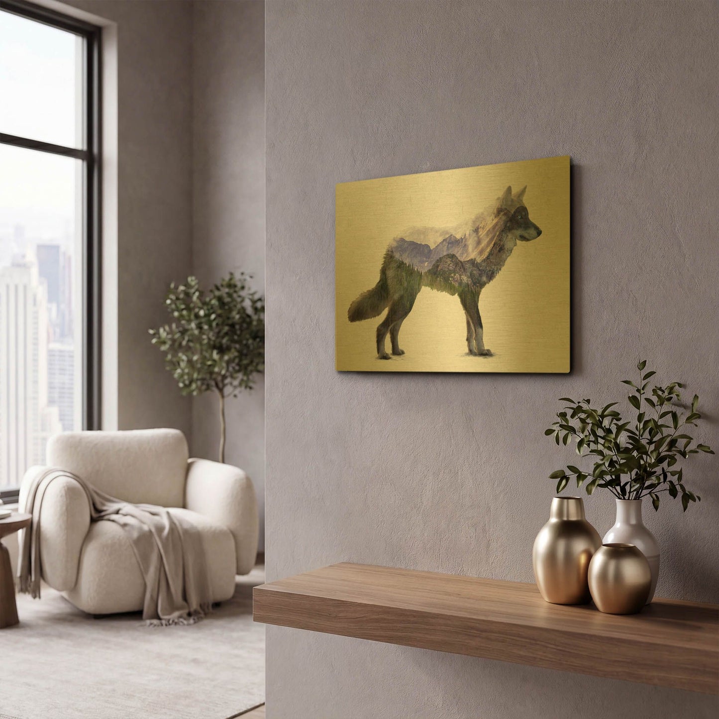 'Rocky Mountain Grey Wolf' By Davies Babies Gold Metal Wall Art