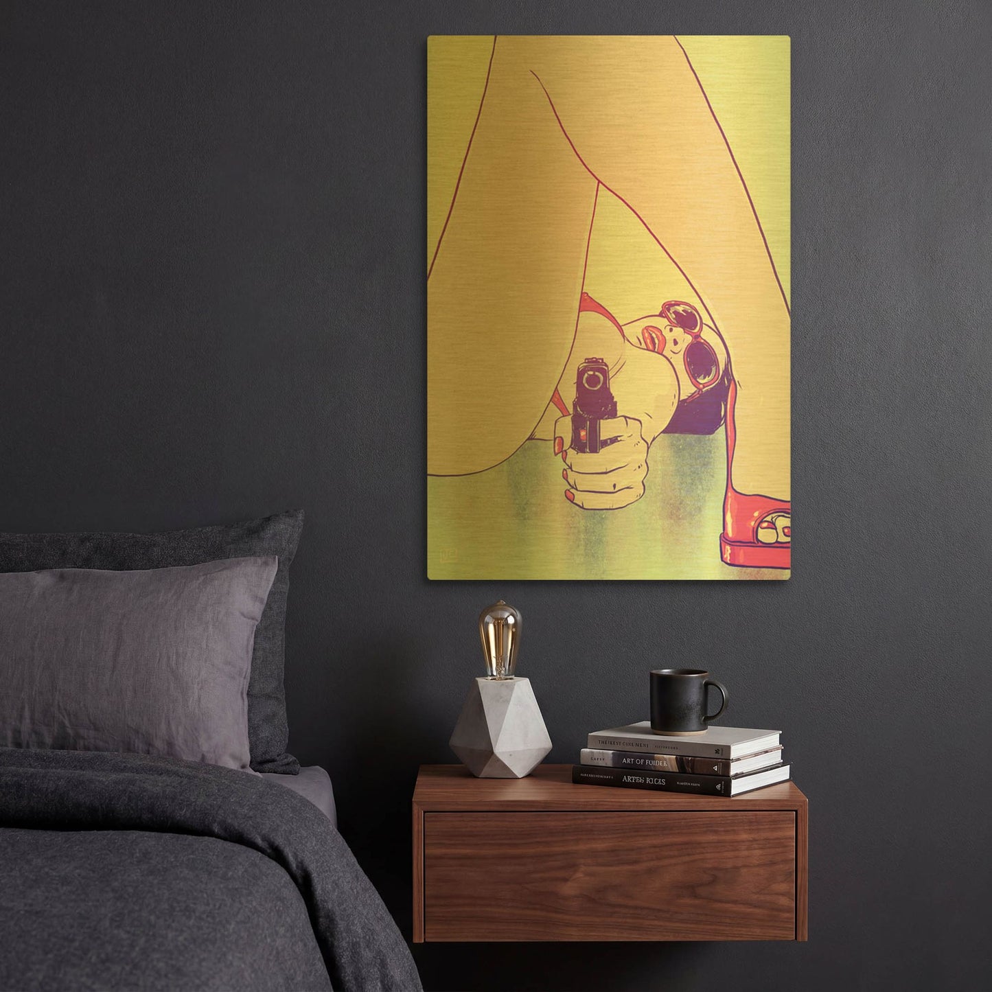 'Girl with Gun' By Giuseppe Cristiano Gold Metal Wall Art