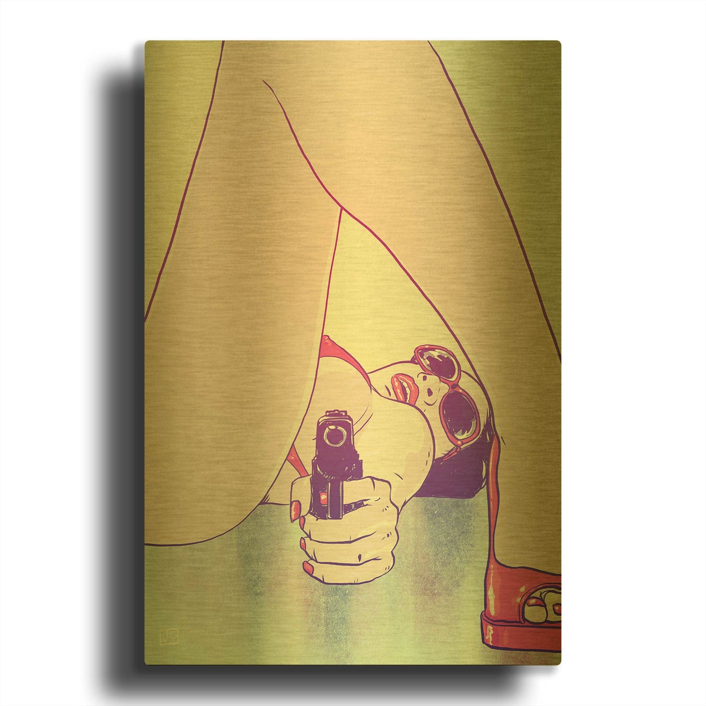 'Girl with Gun' By Giuseppe Cristiano Gold Metal Wall Art