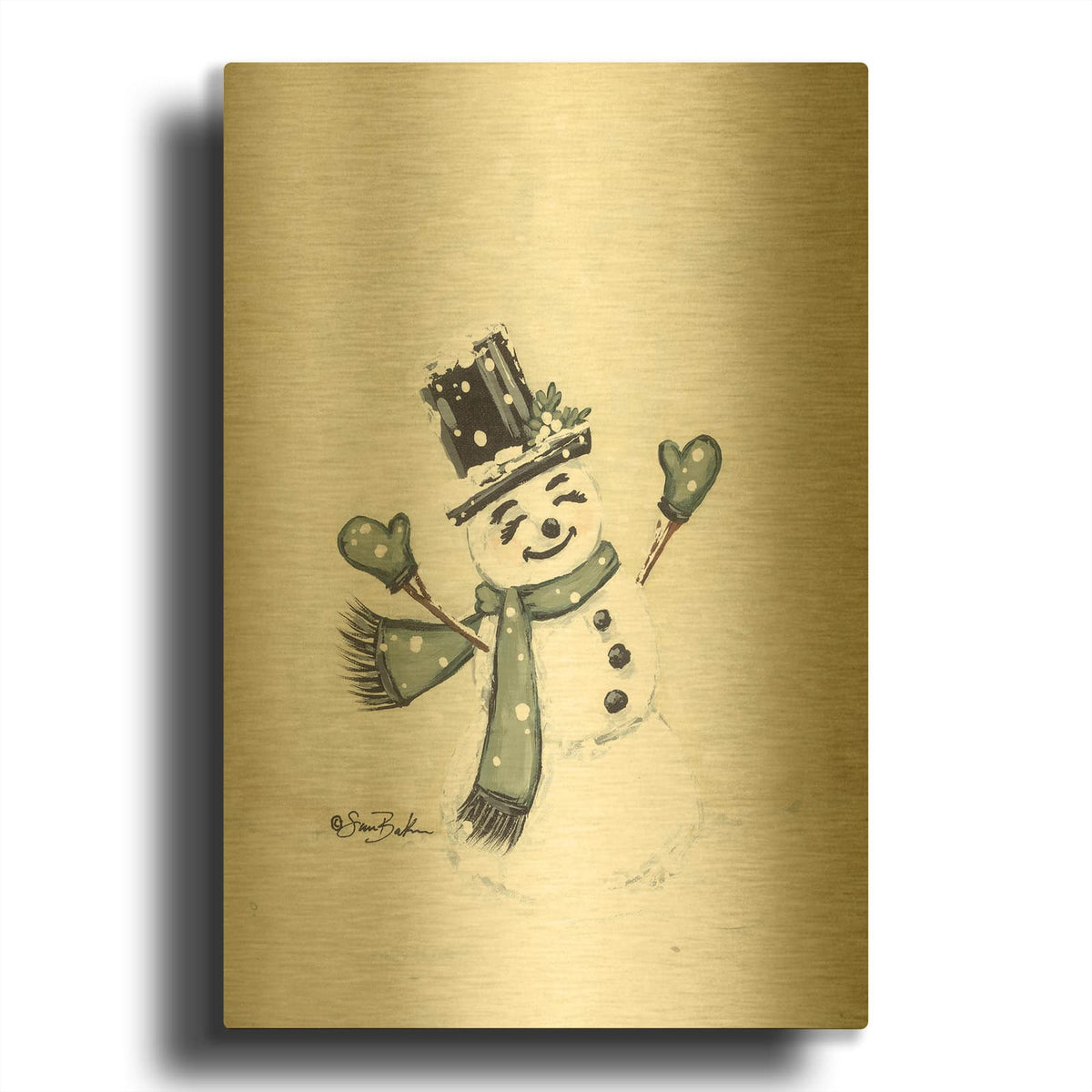 'Jolly Green Snowman' By Sara Baker Gold Metal Wall Art