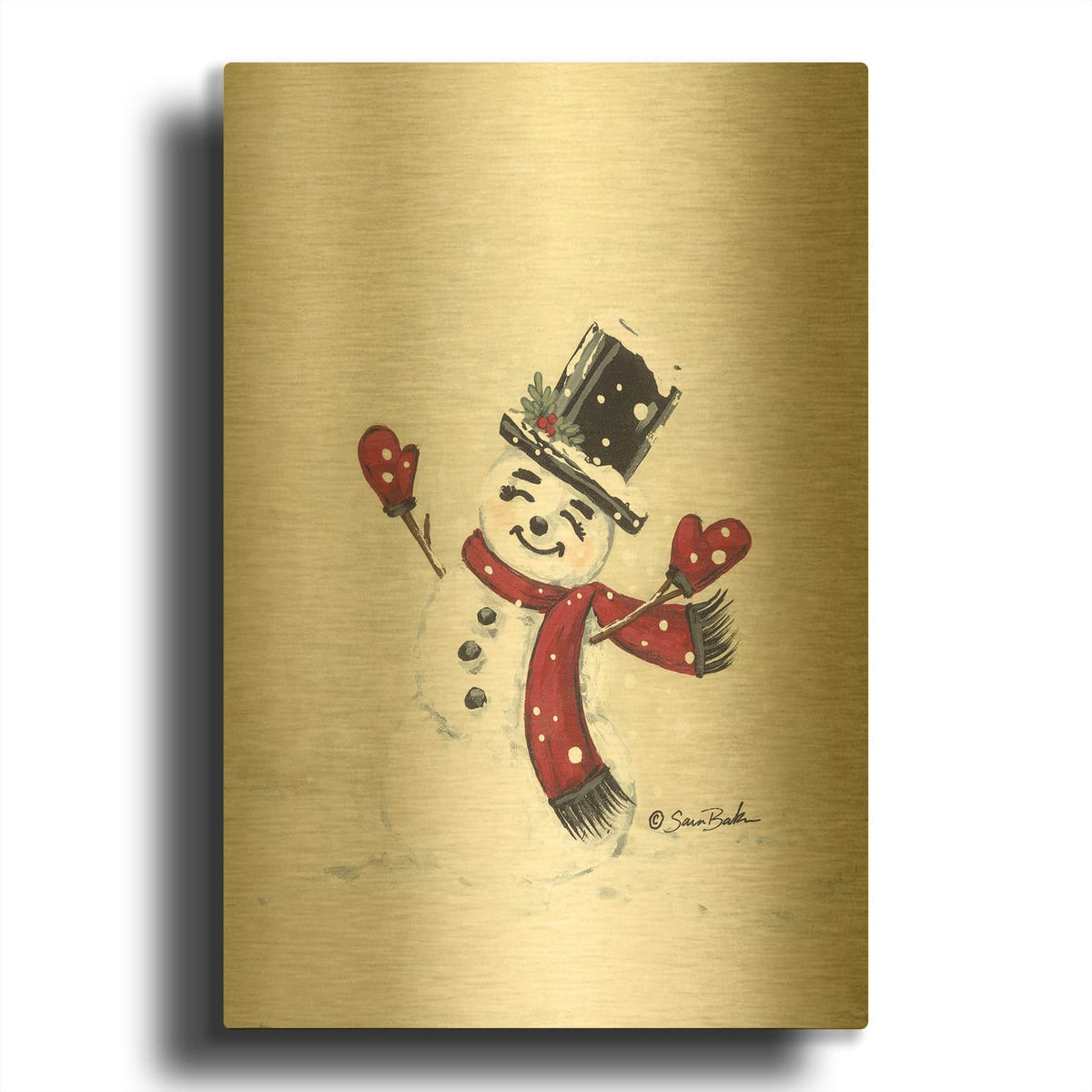 'Jolly Red Snowman' By Sara Baker Gold Metal Wall Art