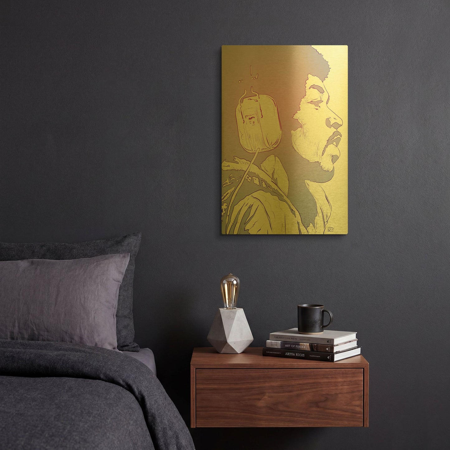 'Jimi Hendrix' By Giuseppe Cristiano Gold Metal Wall Art