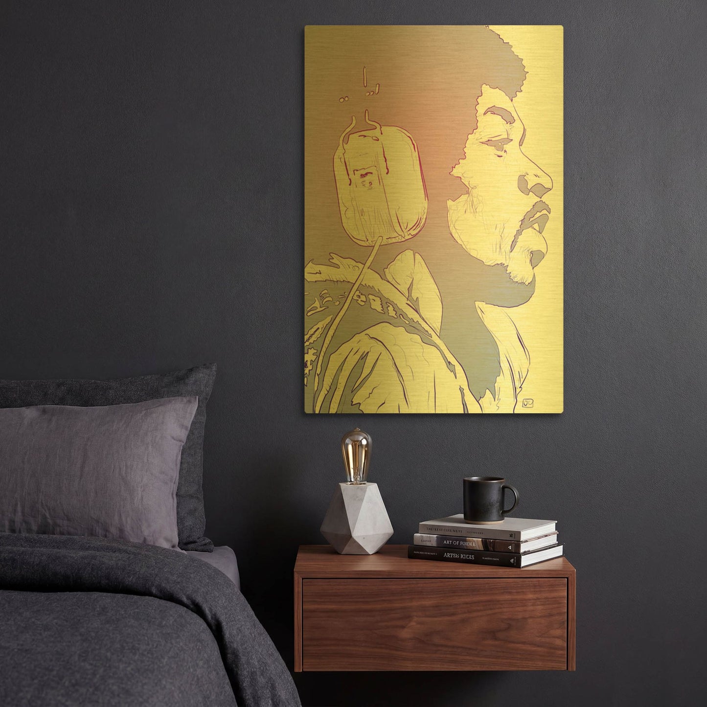 'Jimi Hendrix' By Giuseppe Cristiano Gold Metal Wall Art