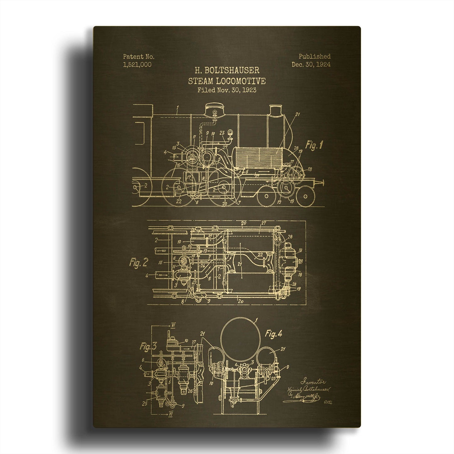 'Steam Locomotive Blueprint Chalkboard Patent' By LUXE Gold Metal Wall Art