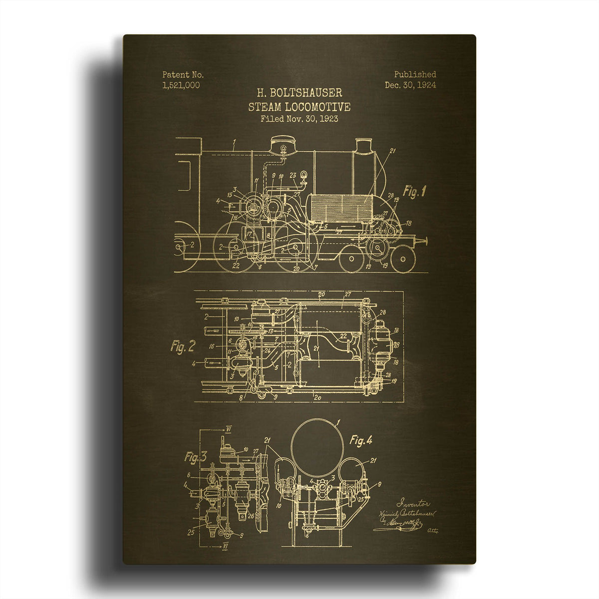 'Steam Locomotive Blueprint Chalkboard Patent' By LUXE Gold Metal Wall Art