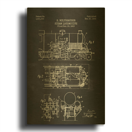 'Steam Locomotive Blueprint Chalkboard Patent' By LUXE Gold Metal Wall Art