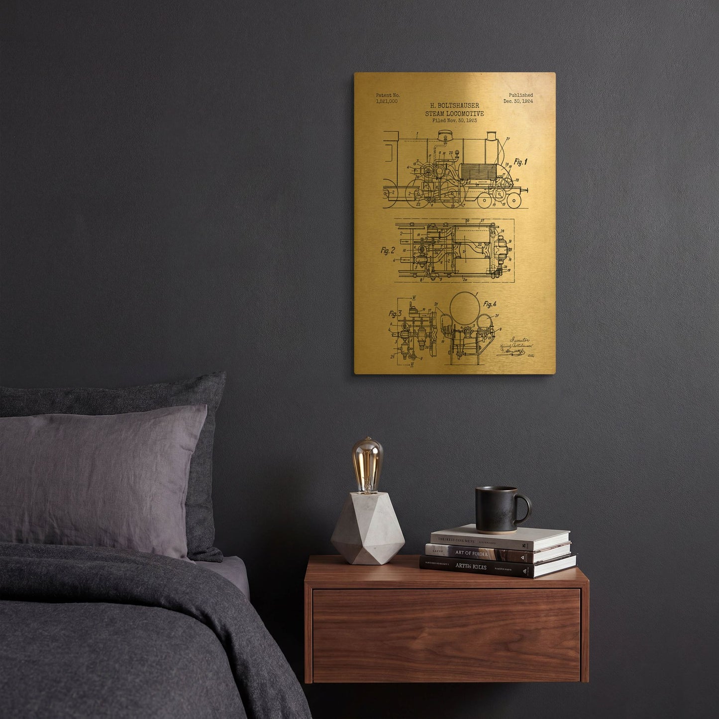 'Steam Locomotive Blueprint Parchment Patent' By LUXE Gold Metal Wall Art