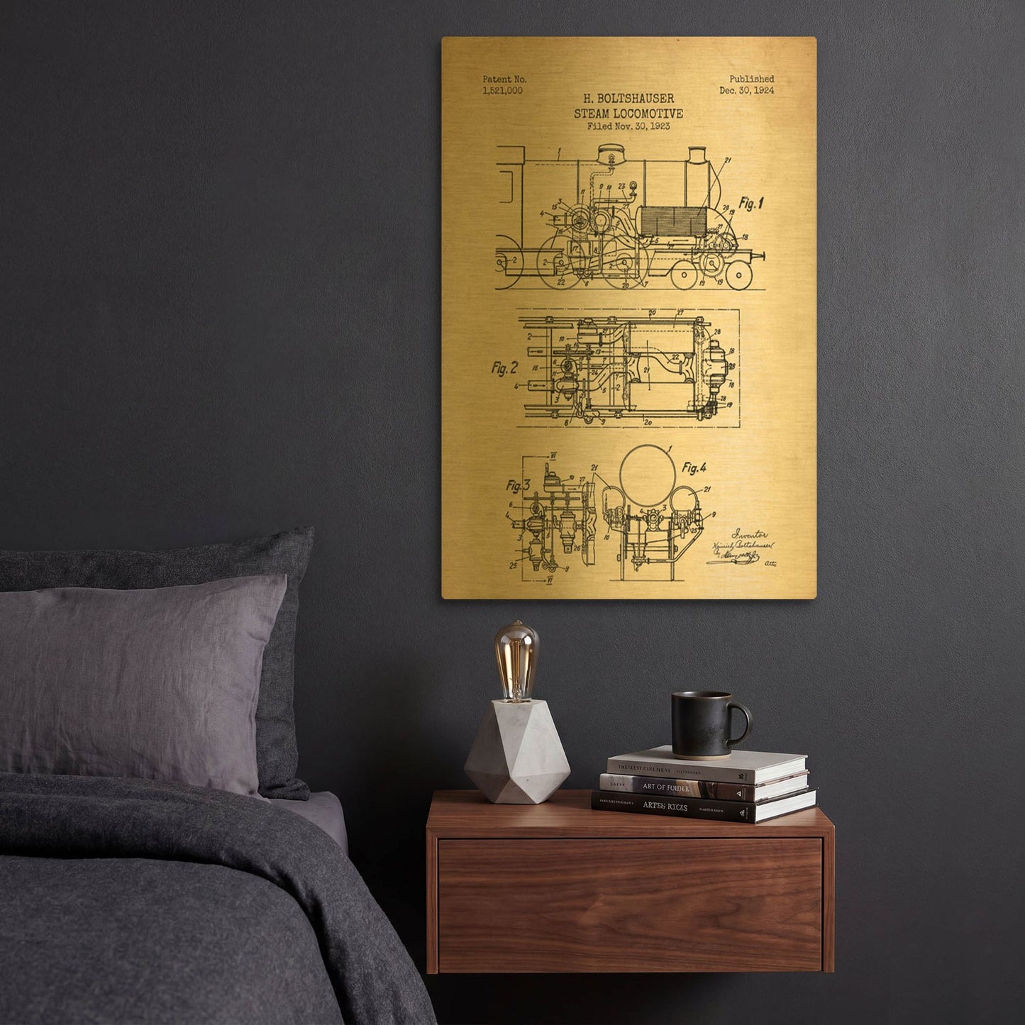 'Steam Locomotive Blueprint Parchment Patent' By LUXE Gold Metal Wall Art