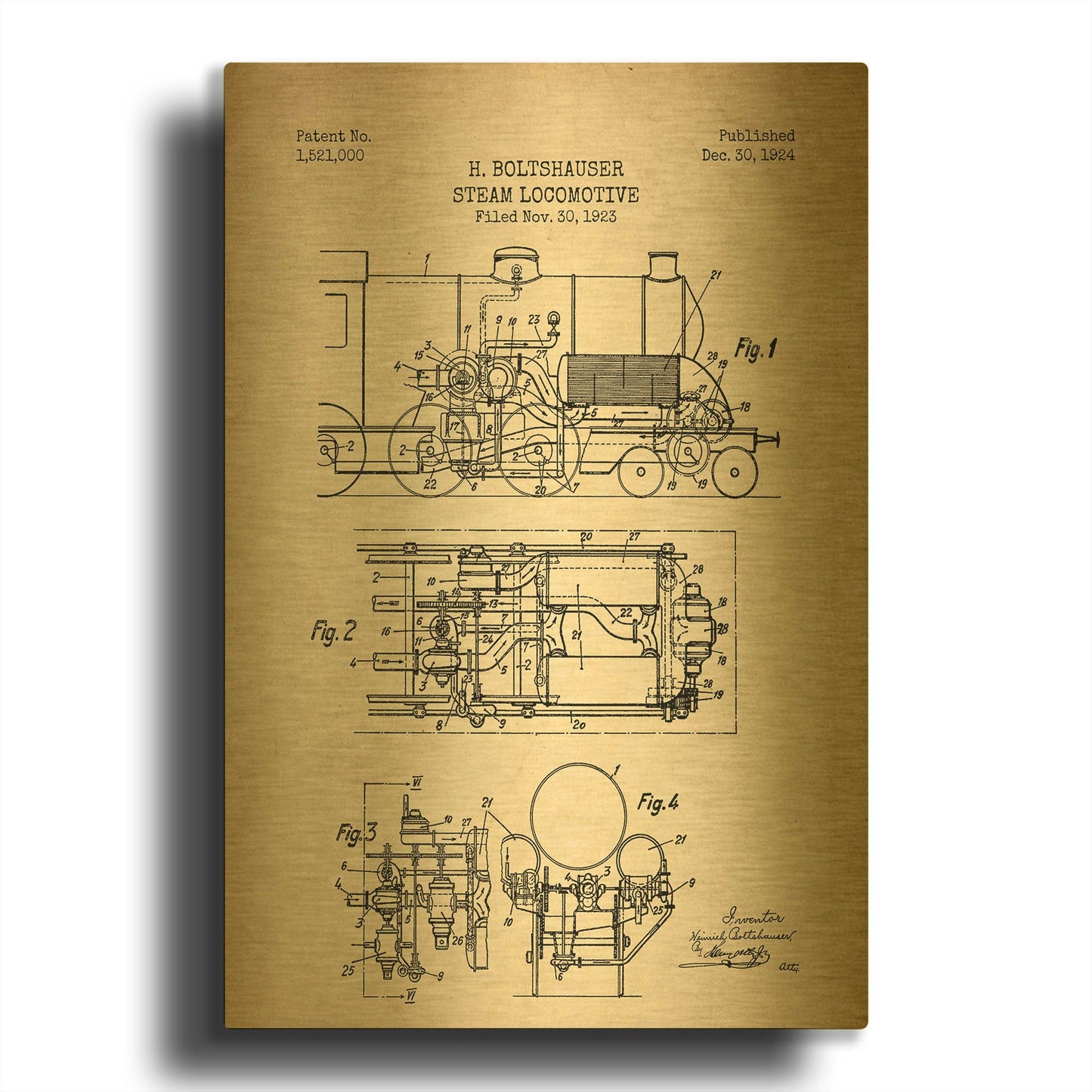 'Steam Locomotive Blueprint Parchment Patent' By LUXE Gold Metal Wall Art