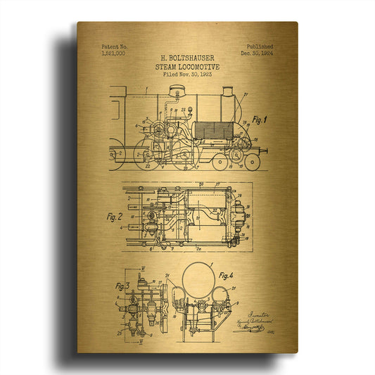 'Steam Locomotive Blueprint Parchment Patent' By LUXE Gold Metal Wall Art