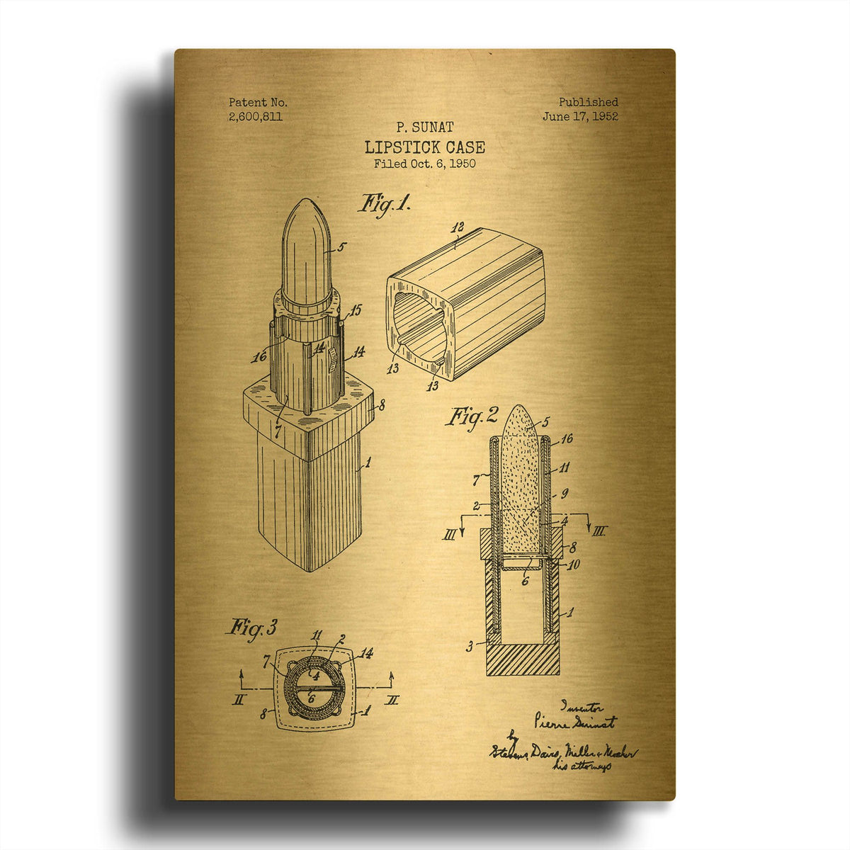 'Lipstick Case Blueprint Parchment Patent' By LUXE Gold Metal Wall Art