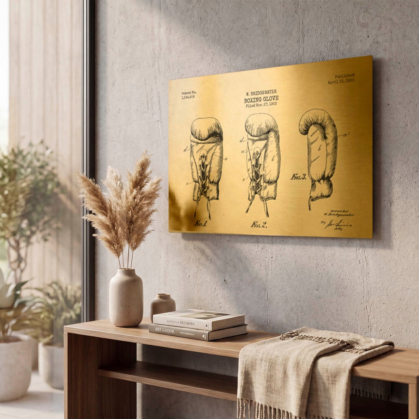 'Boxing Glove, 1925 Blueprint Parchment Patent' By LUXE Gold Metal Wall Art