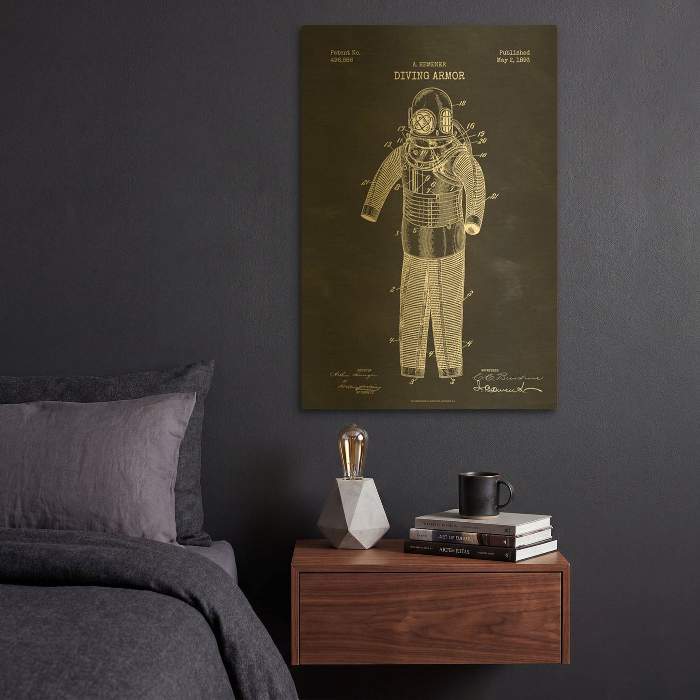 'Diving Armor Blueprint Chalkboard Patent' By LUXE Gold Metal Wall Art
