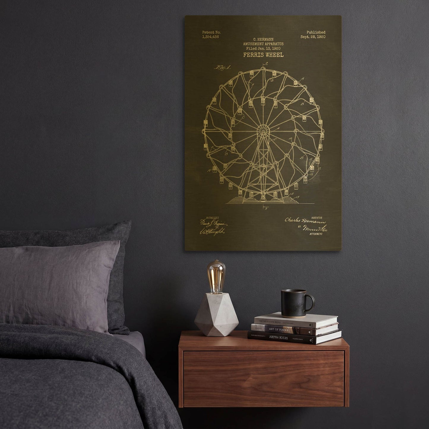 'Ferris Wheel, 1920 Blueprint Chalkboard Patent' By LUXE Gold Metal Wall Art
