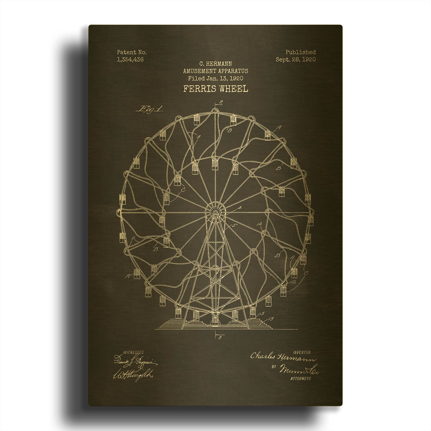 'Ferris Wheel, 1920 Blueprint Chalkboard Patent' By LUXE Gold Metal Wall Art