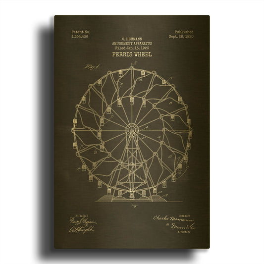 'Ferris Wheel, 1920 Blueprint Chalkboard Patent' By LUXE Gold Metal Wall Art