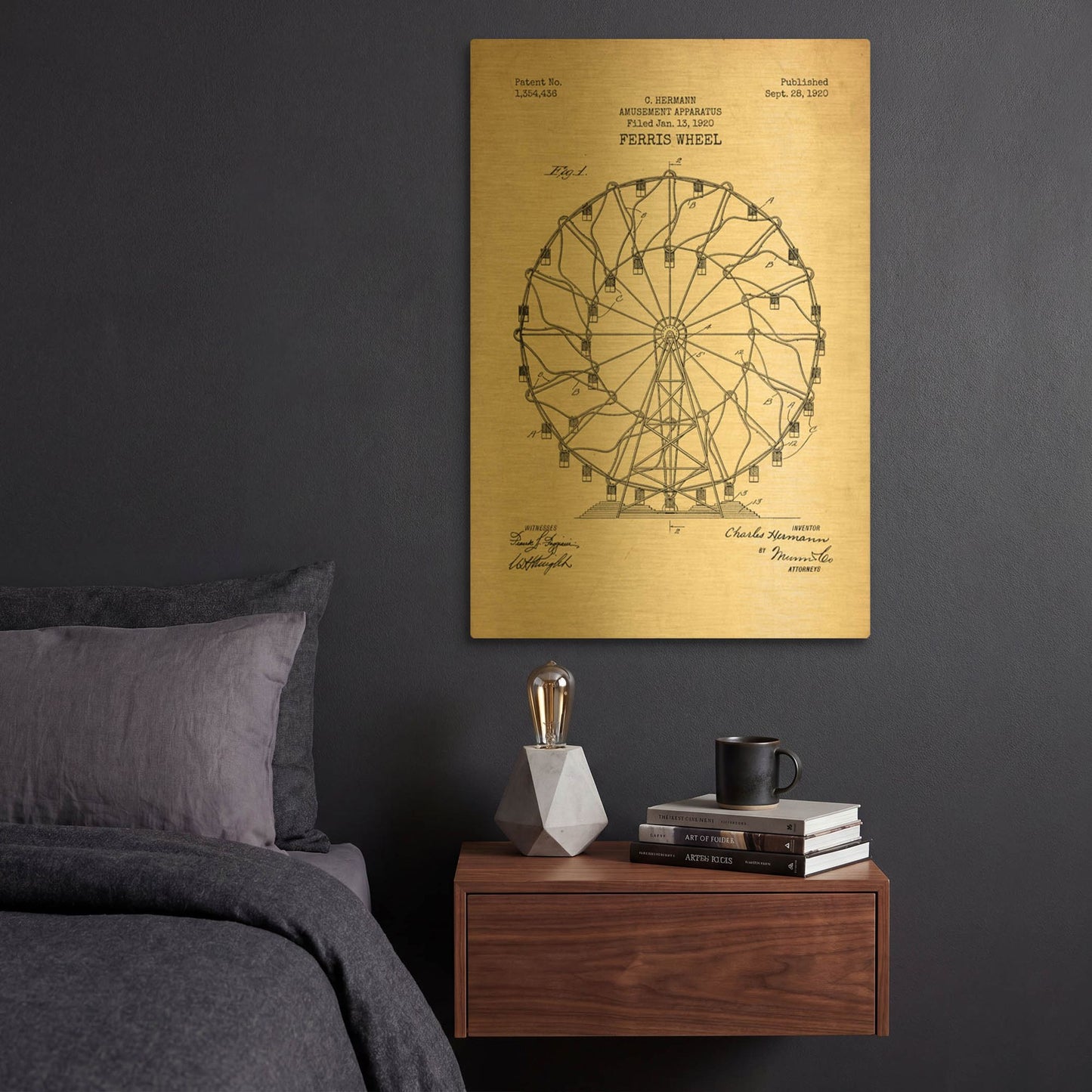 'Ferris Wheel, 1920 Blueprint Parchment Patent' By LUXE Gold Metal Wall Art