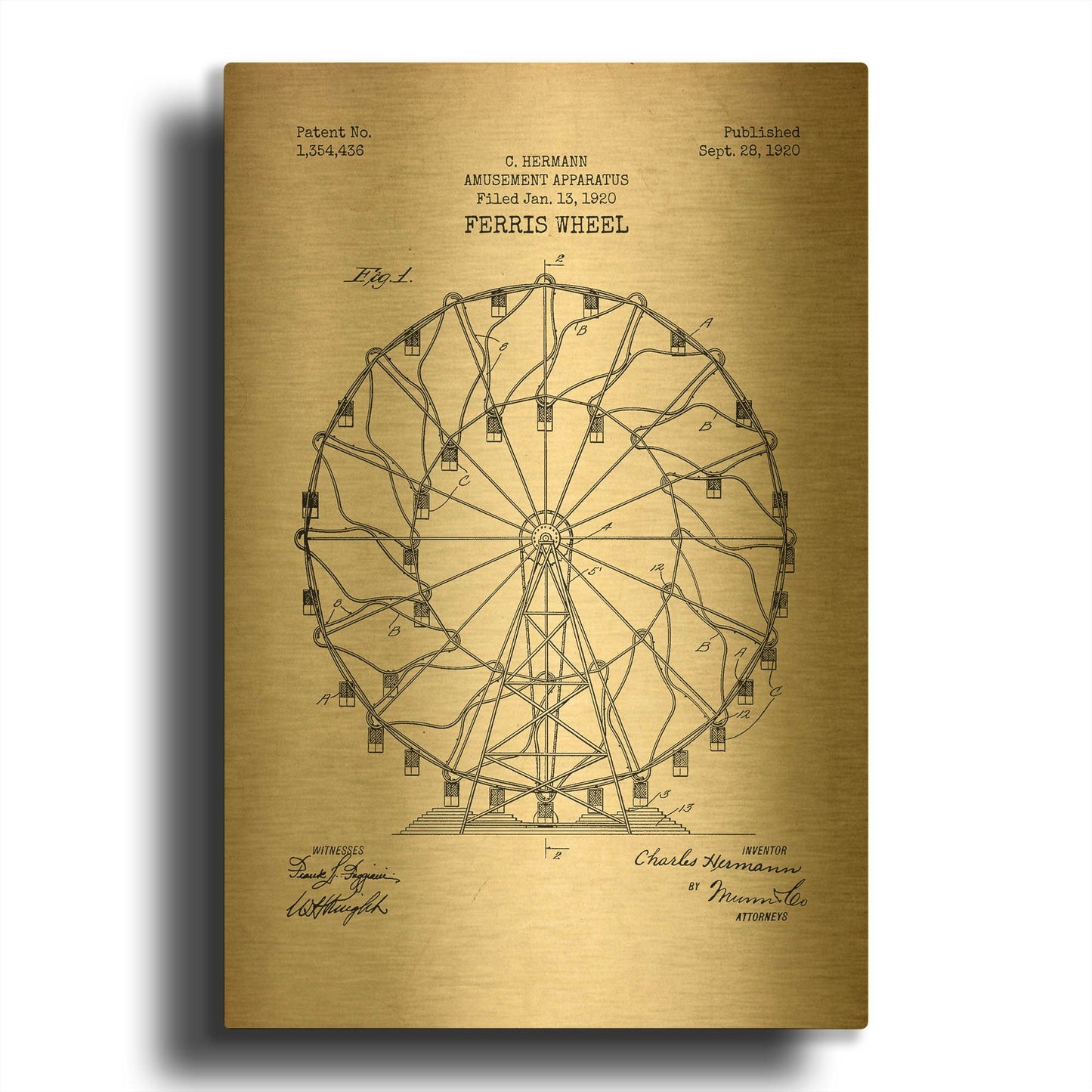 'Ferris Wheel, 1920 Blueprint Parchment Patent' By LUXE Gold Metal Wall Art