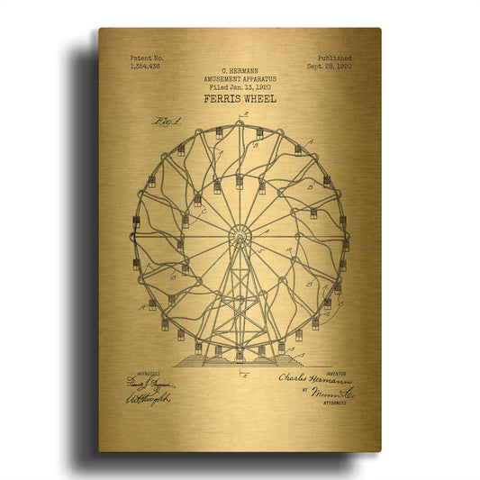 'Ferris Wheel, 1920 Blueprint Parchment Patent' By LUXE Gold Metal Wall Art