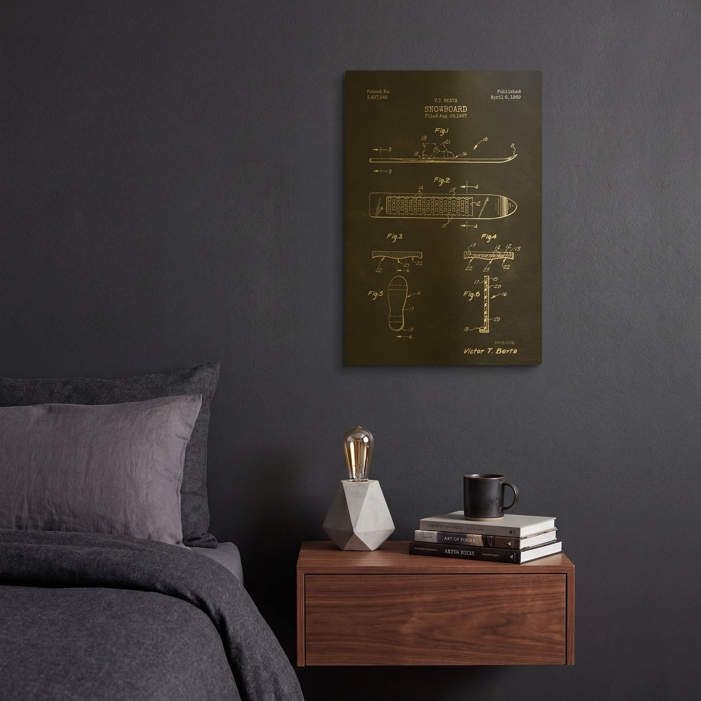 'Snowboard, 1969 Blueprint Chalkboard Patent' By LUXE Gold Metal Wall Art