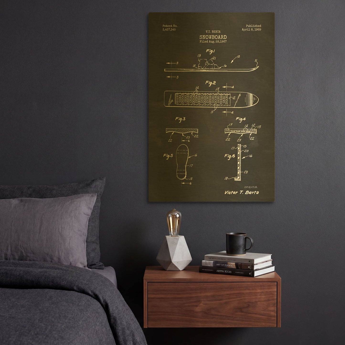 'Snowboard, 1969 Blueprint Chalkboard Patent' By LUXE Gold Metal Wall Art